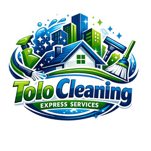 Tolo Cleaning Express Services logo with cleaning tools and cityscape