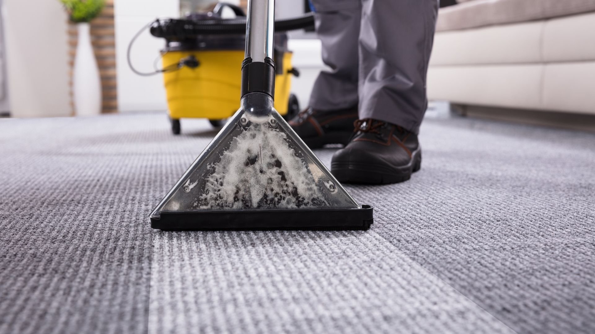 Carpet cleaning with professional vacuum showing dirt and yellow machine